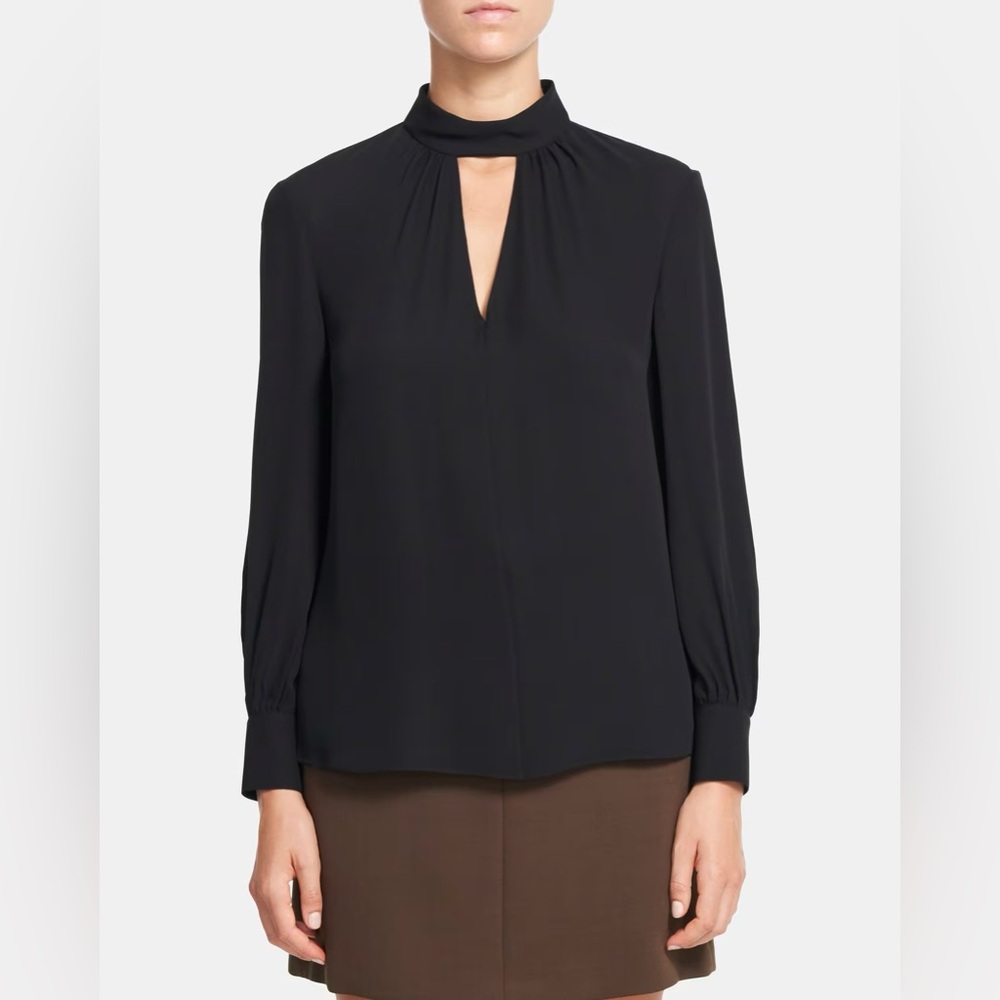 Theory Neck Band Blouse in Black Silk, Size Small